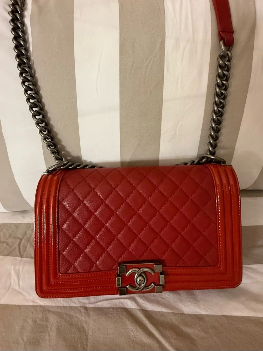 CHANEL Red Quilted Boy Bag with gray-Tone Hardware